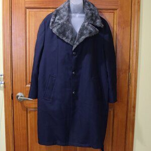 Weathercaster Vintage Navy Belted Coat Faux Fur Collar 60s 70s Warm Classic